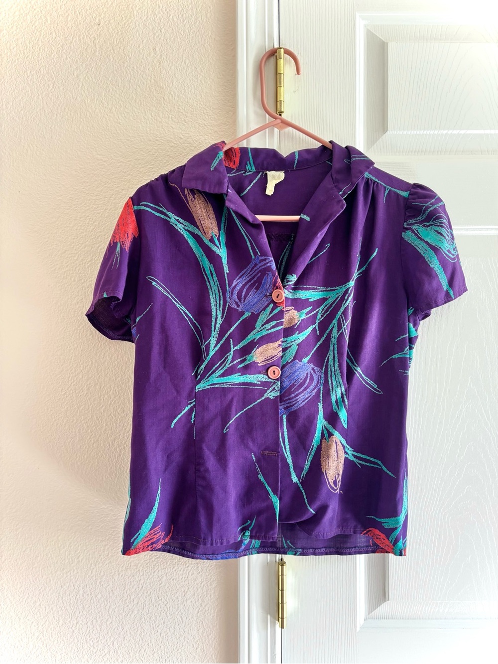 Vintage Purple Floral Short Sleeve Button Up Blouse Womens S